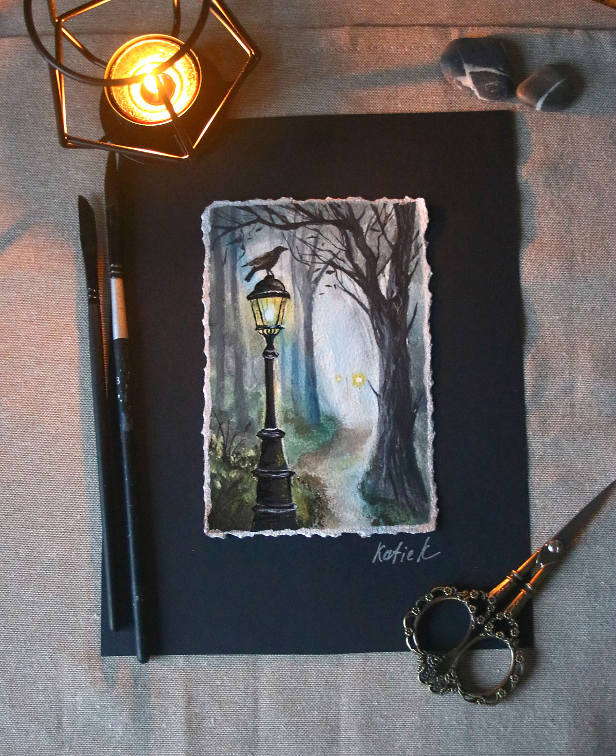 Black raven on a street lantern original small painting