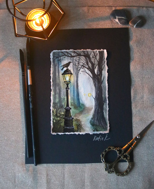 Black raven on a street lantern original small painting