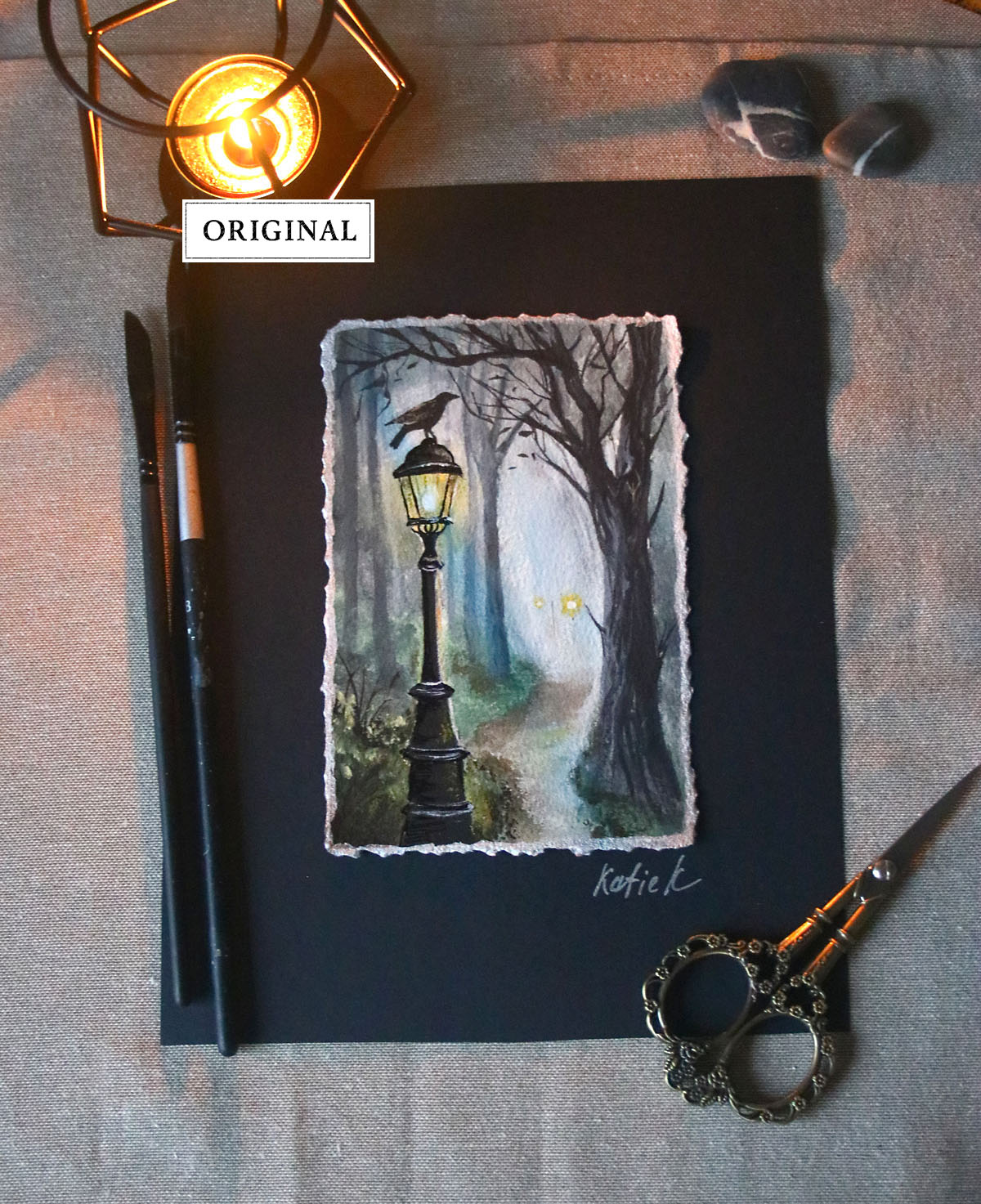 Black raven on a street lantern original small painting
