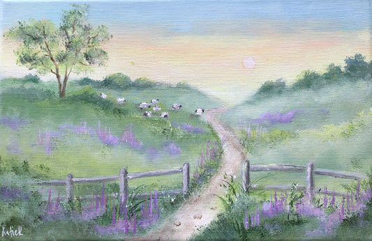 Painting of a pastoral scene with a path, trees, and sheep in a field.