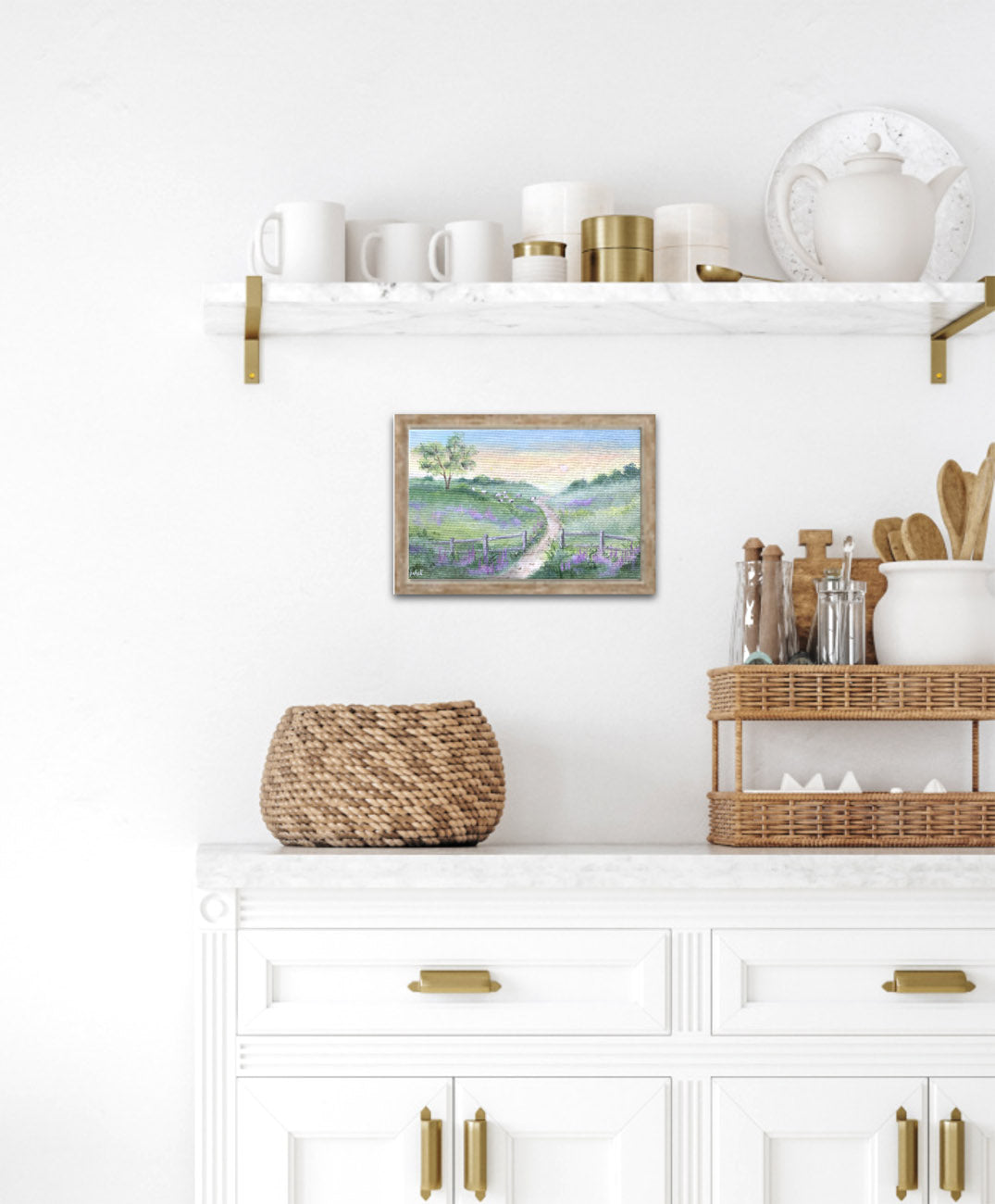 Rustic kitchen with landscape painting art gallery