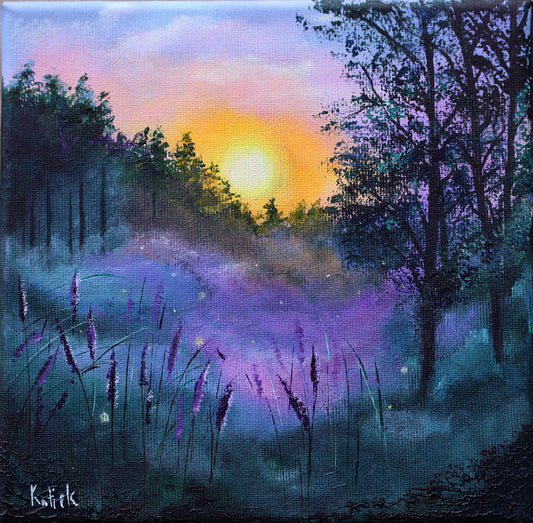 Original acrylic painting of a sunset over a lavender meadow with forest trees and fireflies.