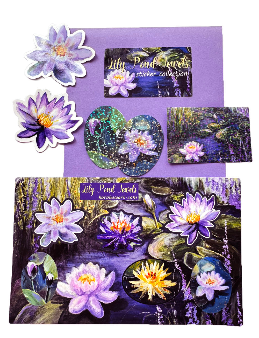 Sticker collection of lily pads and flowers on a purple background
