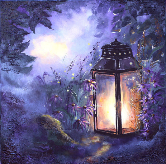 Magic lantern in purple twilight with flowers original painting