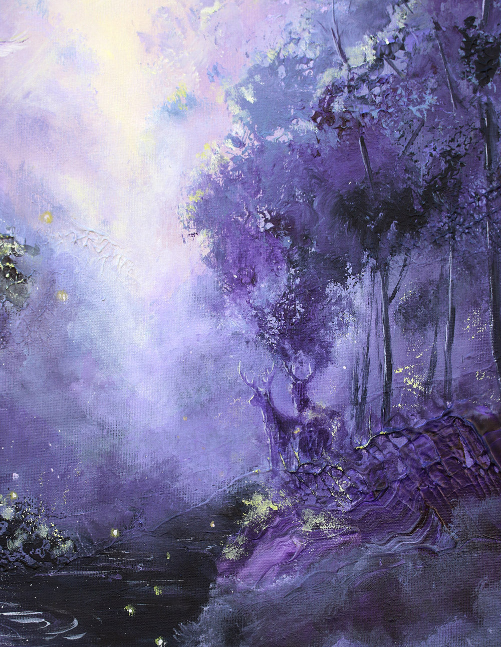 Enchanted violet woodland scene with soft light, two deer standing still, and an owl in flight