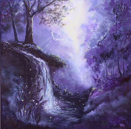 Enchanted violet woodland scene with soft light, two deer standing still, and an owl in flight