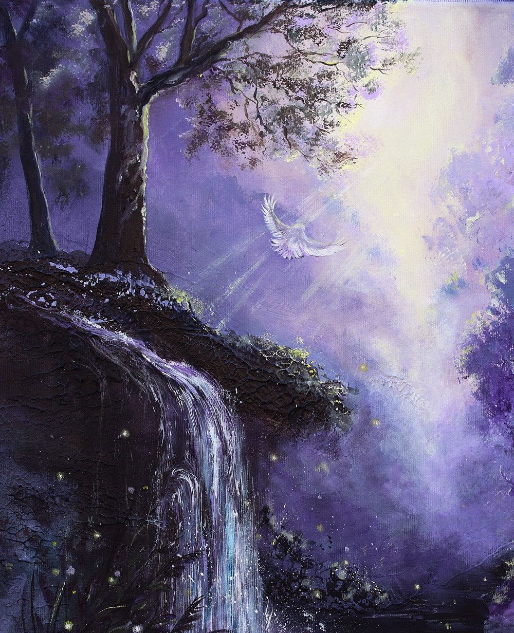 Enchanted violet woodland scene with soft light, two deer standing still, and an owl in flight
