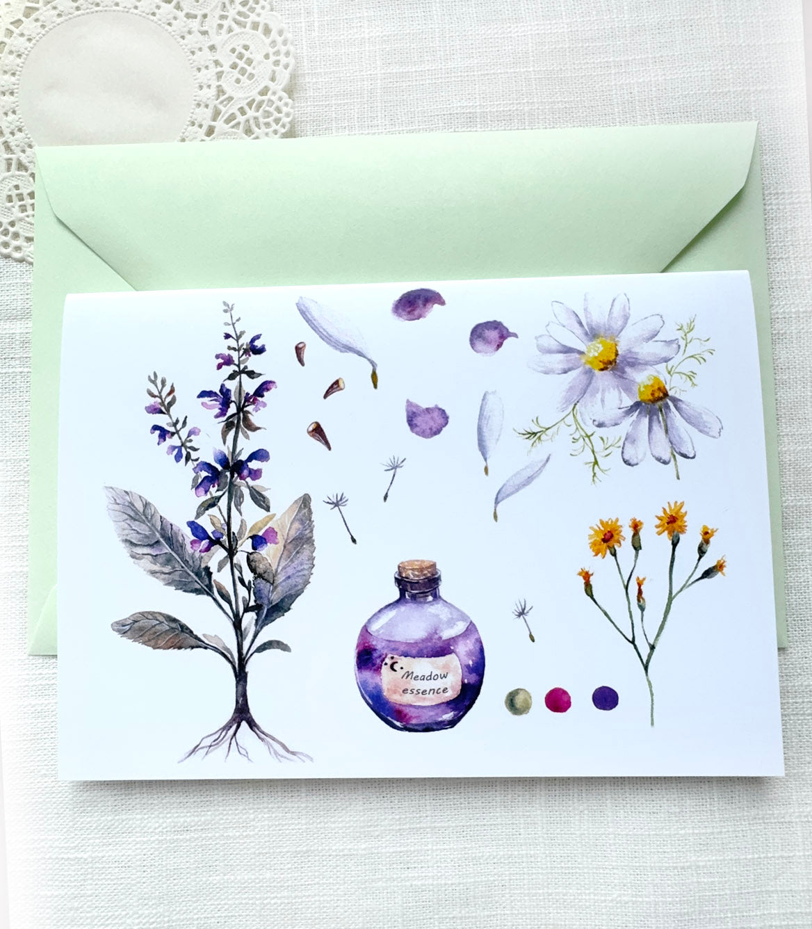 Botanical greeting card with sage and chamomile