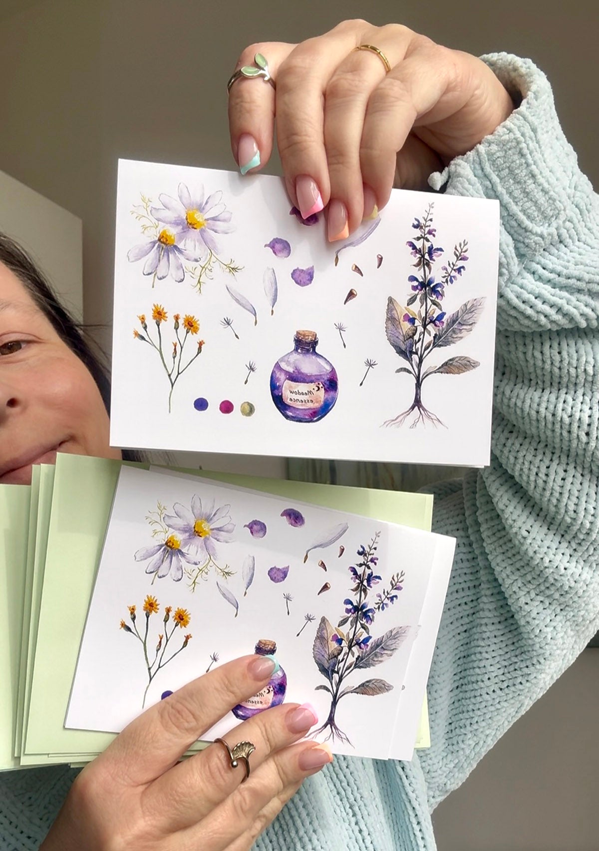 Botanical greeting card with sage and chamomile