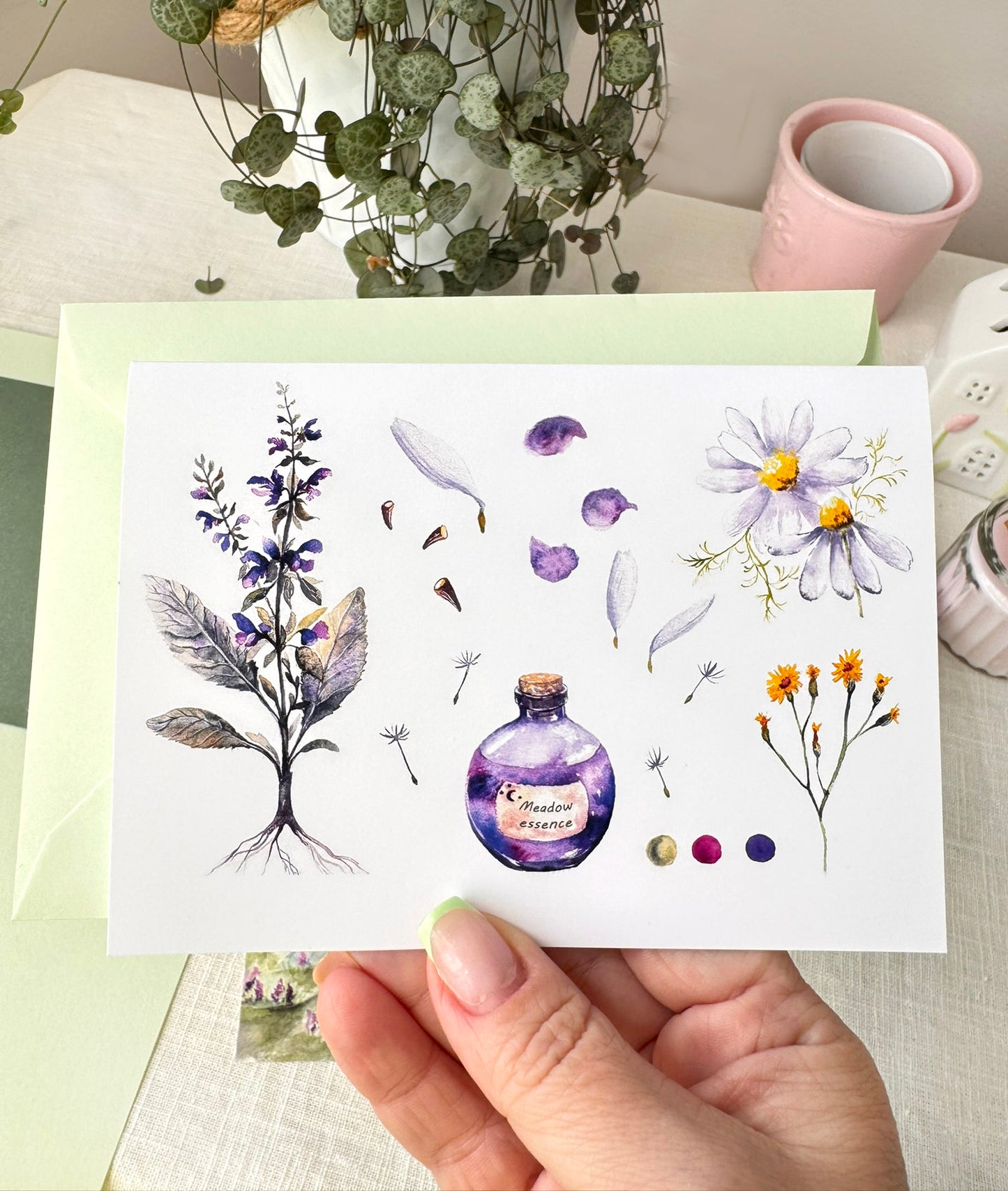Botanical greeting card with sage and chamomile
