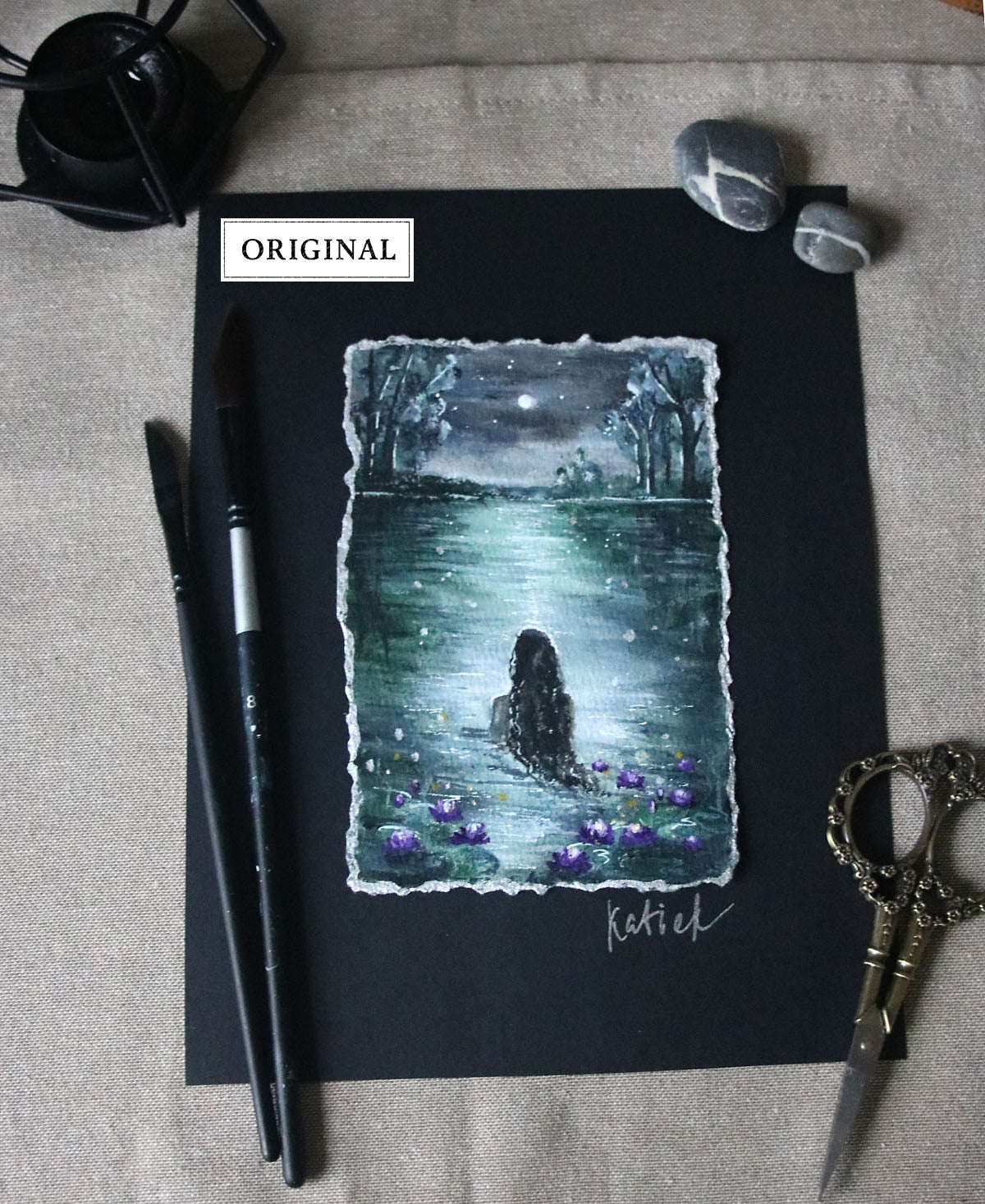 Night scenery with the siren in water original small painting