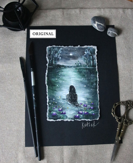 Night scenery with the siren in water original small painting