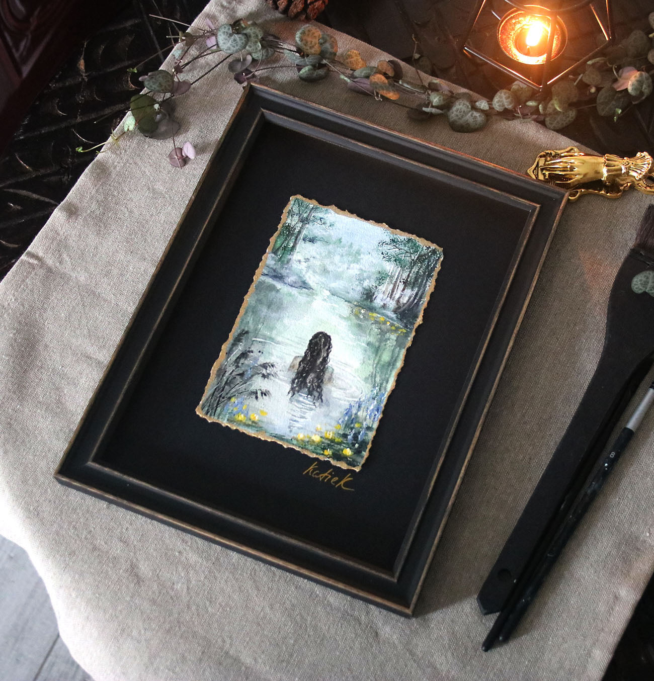 Mystical scenery with the siren in water original small painting