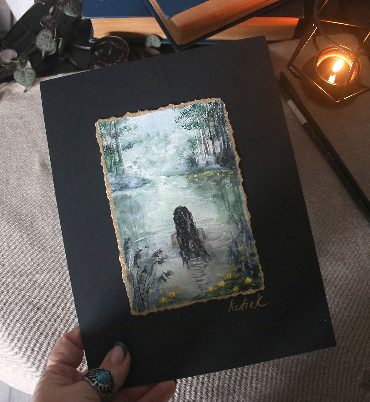 Mystical scenery with the siren in water original small painting