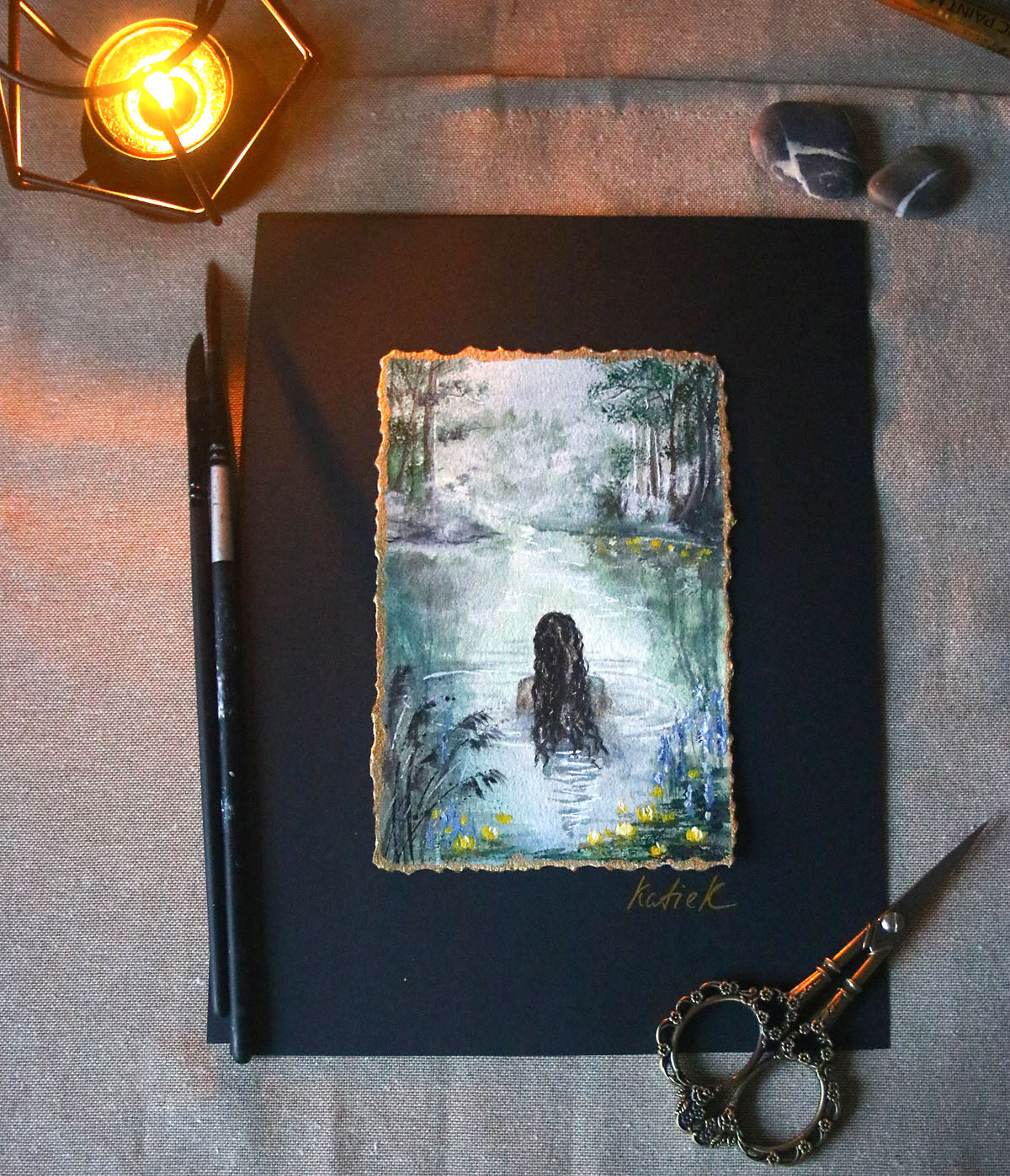 Mystical scenery with the siren in water original small painting