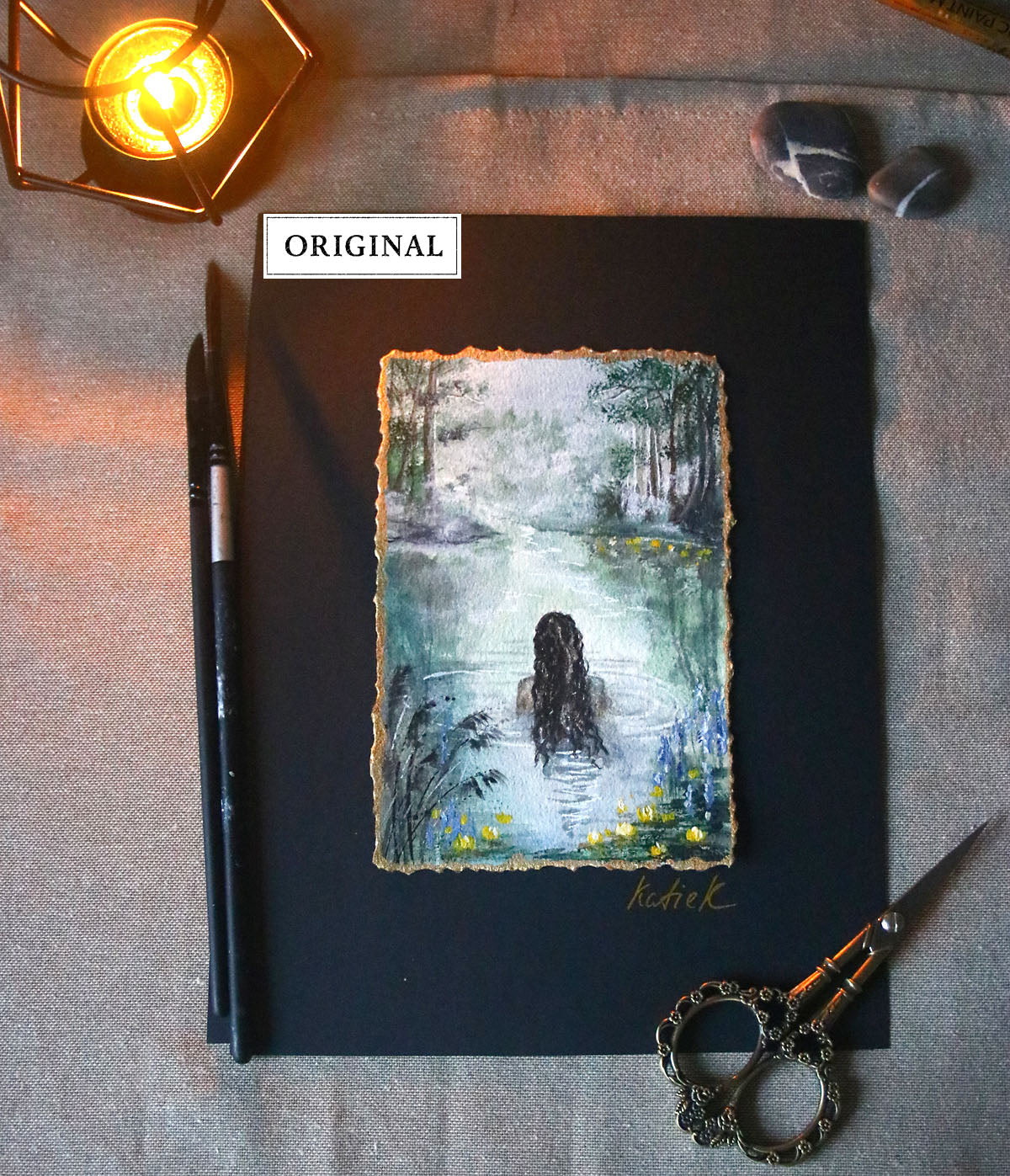 Mystical scenery with the siren in water original small painting