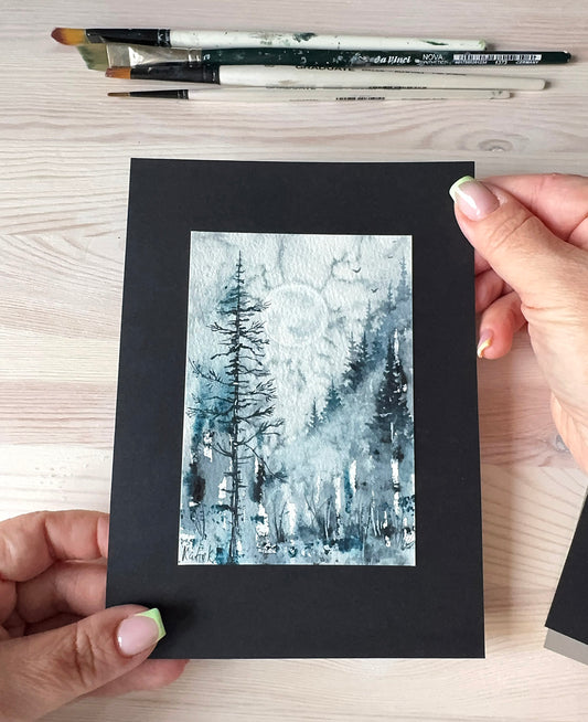 Moody blue landscape watercolor small painting