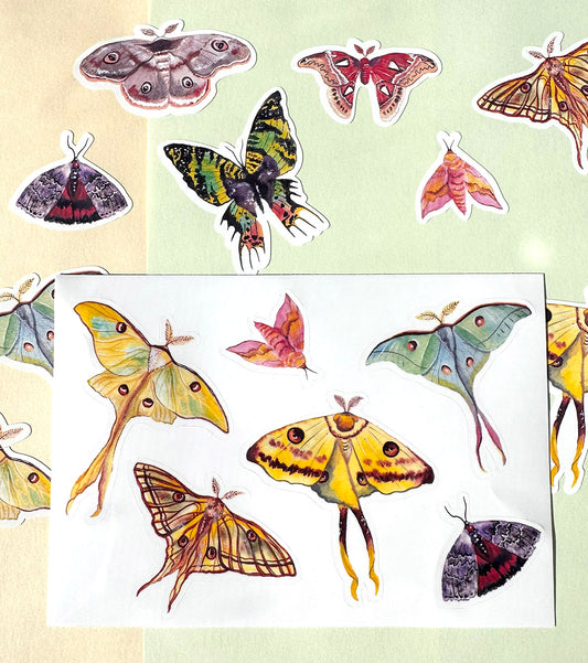 Collection of colorful butterfly and moth illustrations sticker sheet