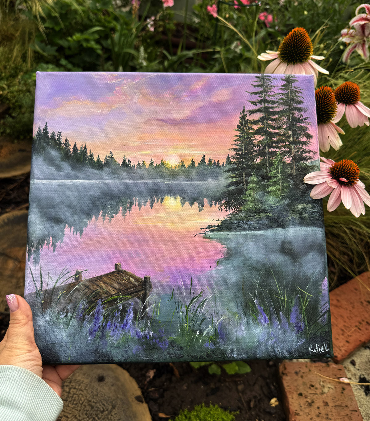Nature-inspired wall art with serene forest lake and evening light, perfect for cabin or cozy home decor
