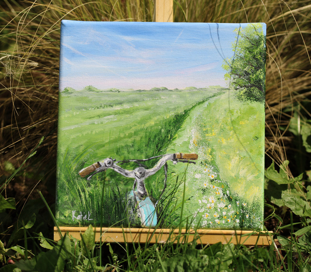 Nostalgic bicycle ride through green meadows with wildflowers painting