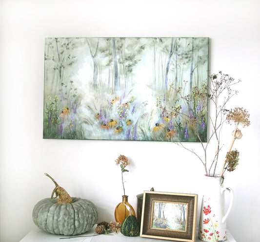 Statement Painting of a forest scene with wildflowers and autumn vibe
