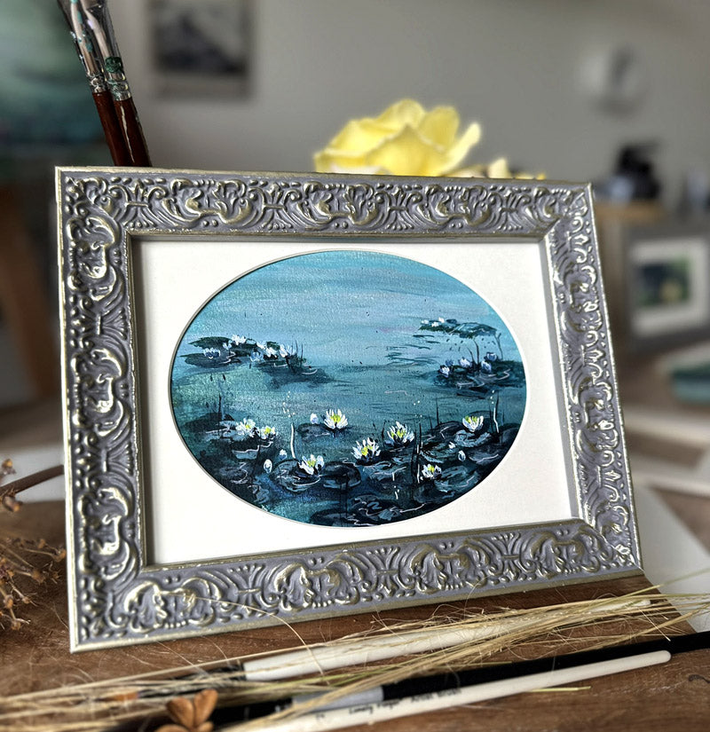 Oval painting water lilies pond Monet style art framed in vintage style frame