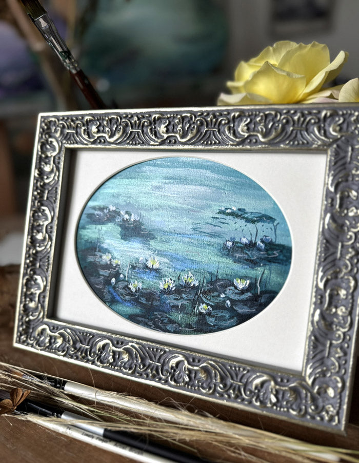 Oval painting water lilies pond Monet style art