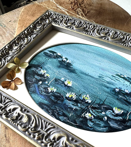 Oval painting water lilies pond Monet style art