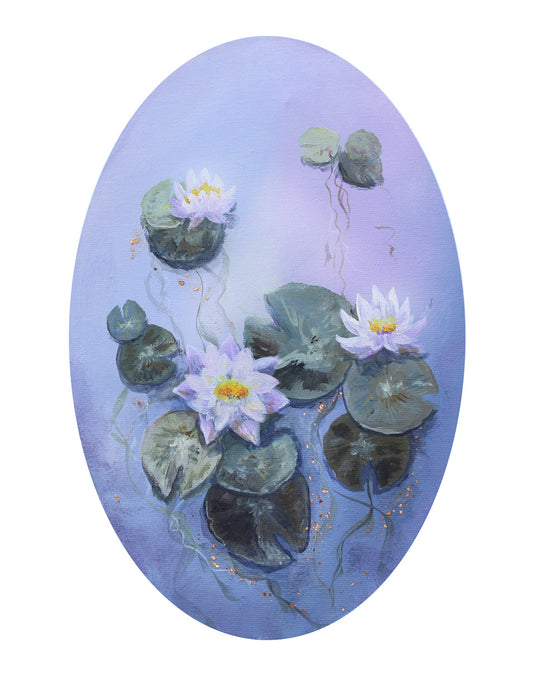 Blue waterlilies pond oval painting