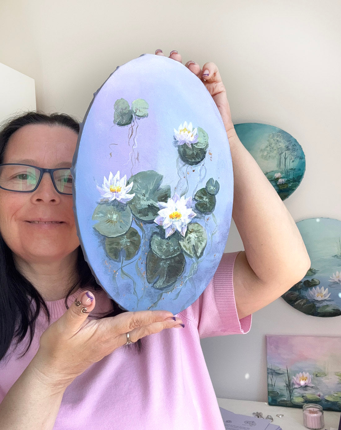 Blue waterlilies pond oval painting