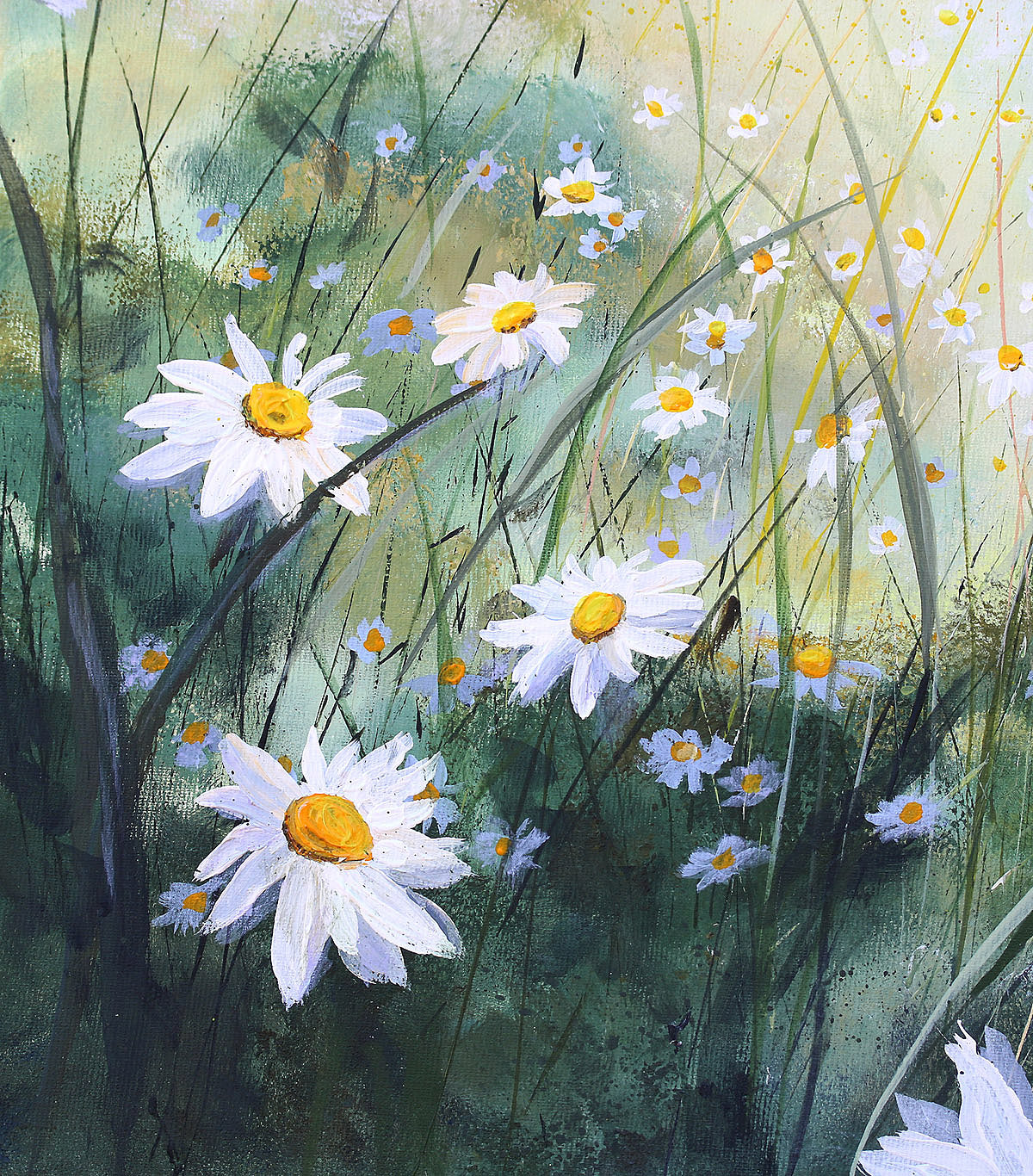 Painting of daisies in a grassy field