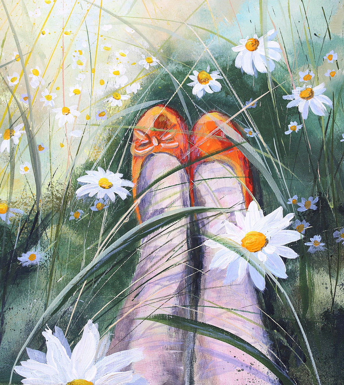 Summer painting with daisies and ballet shoes