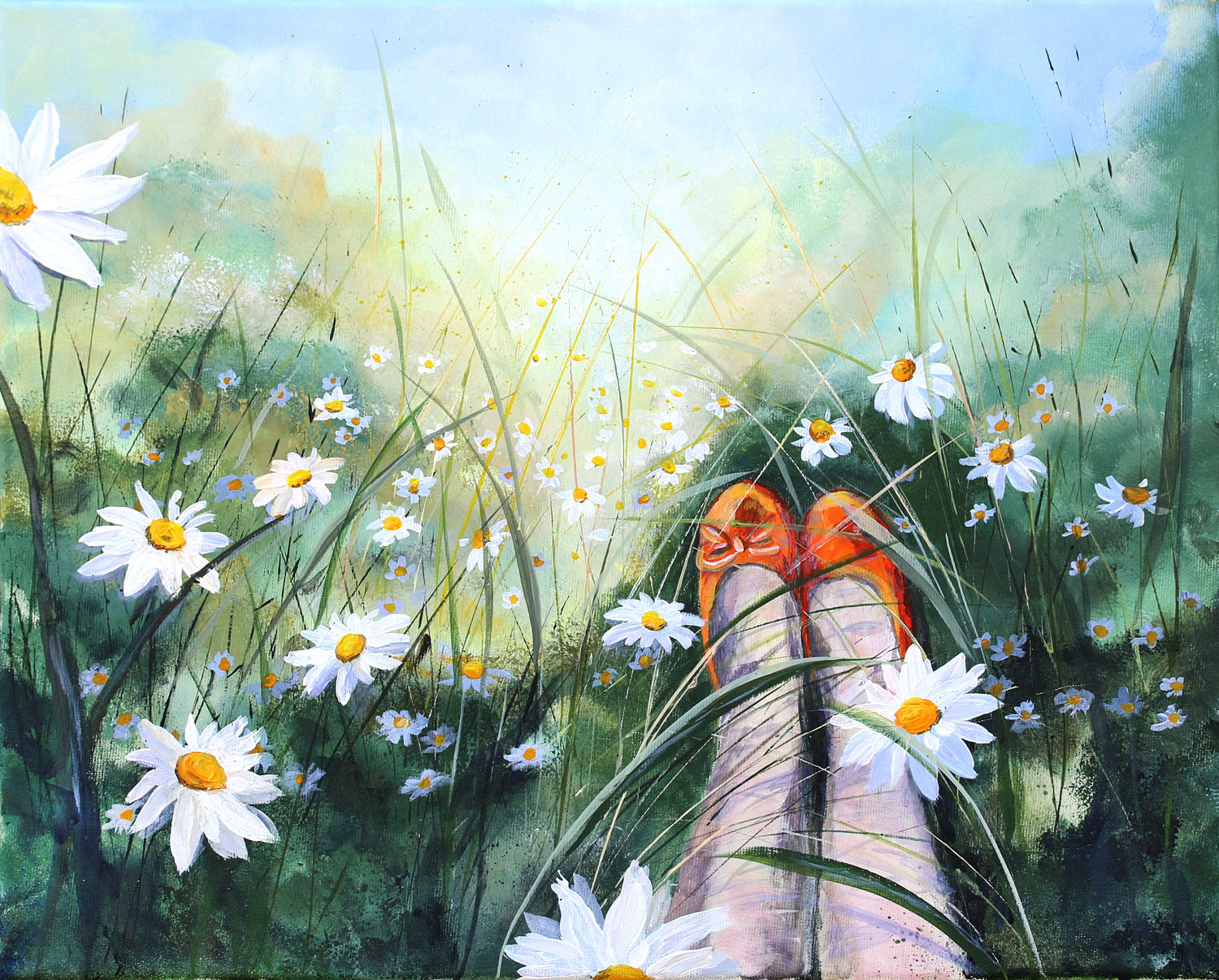 Summer painting with daisies and ballet shoes