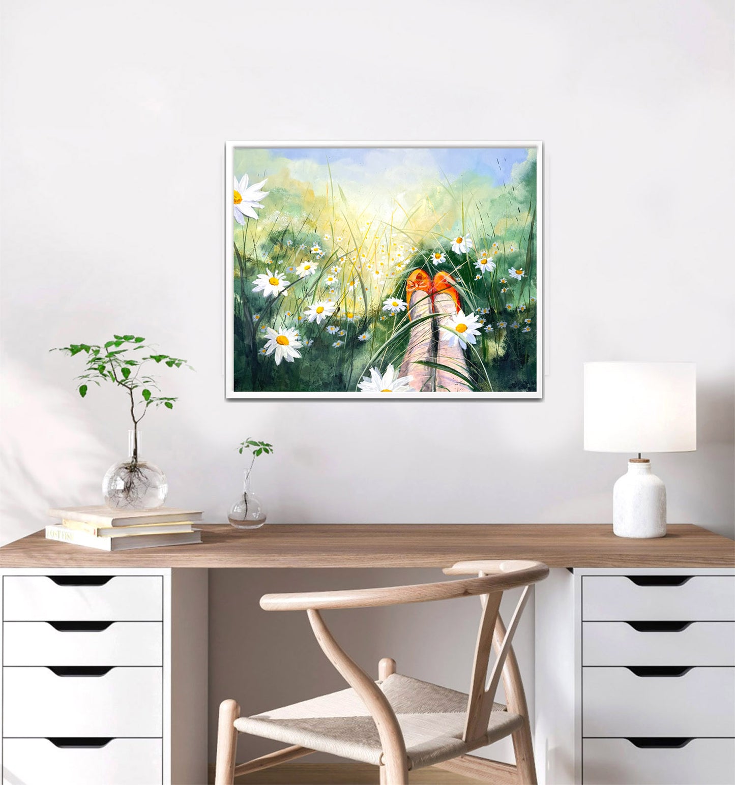 Summer painting with daisies and ballet shoes