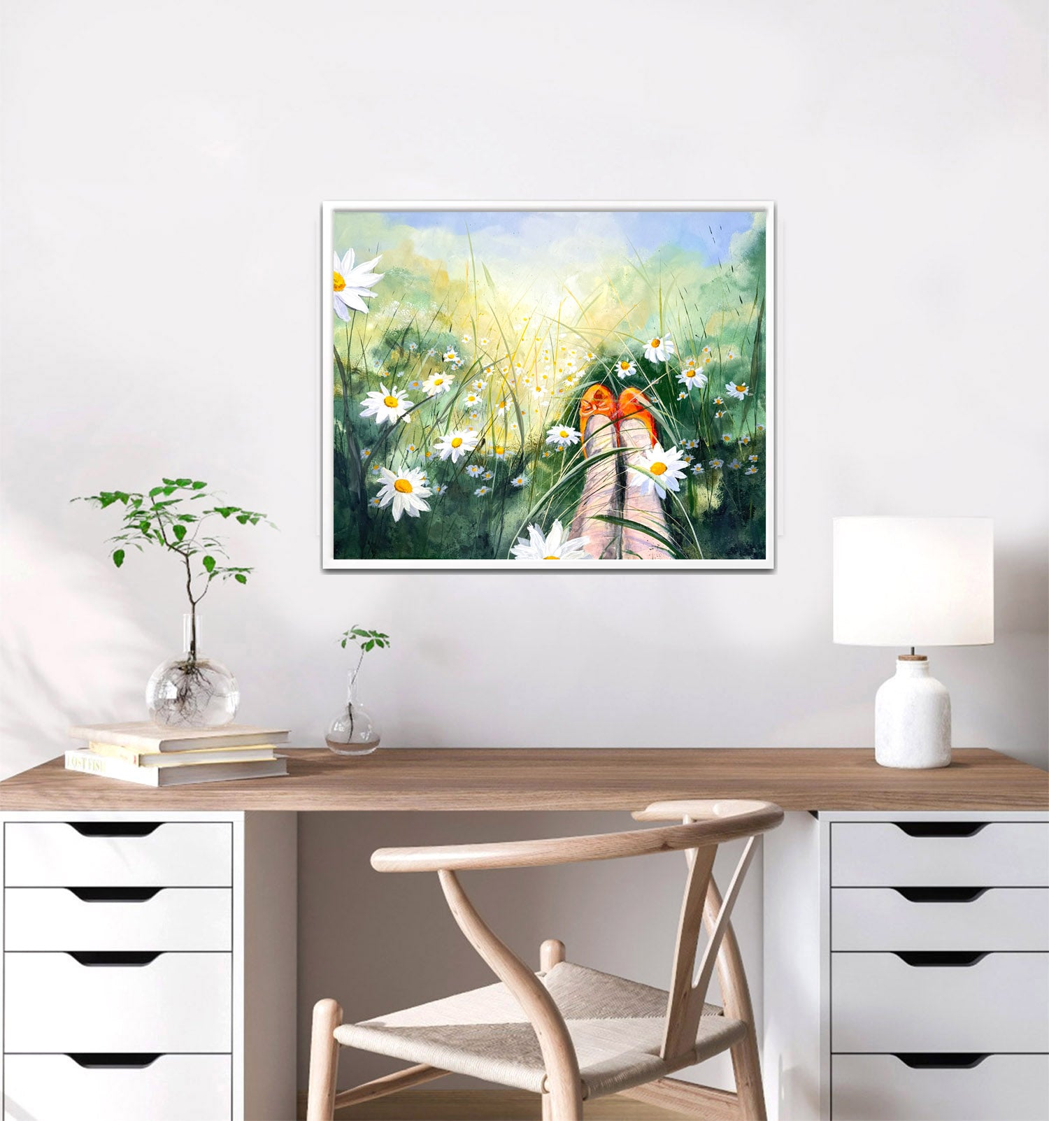 Summer painting with daisies and ballet shoes