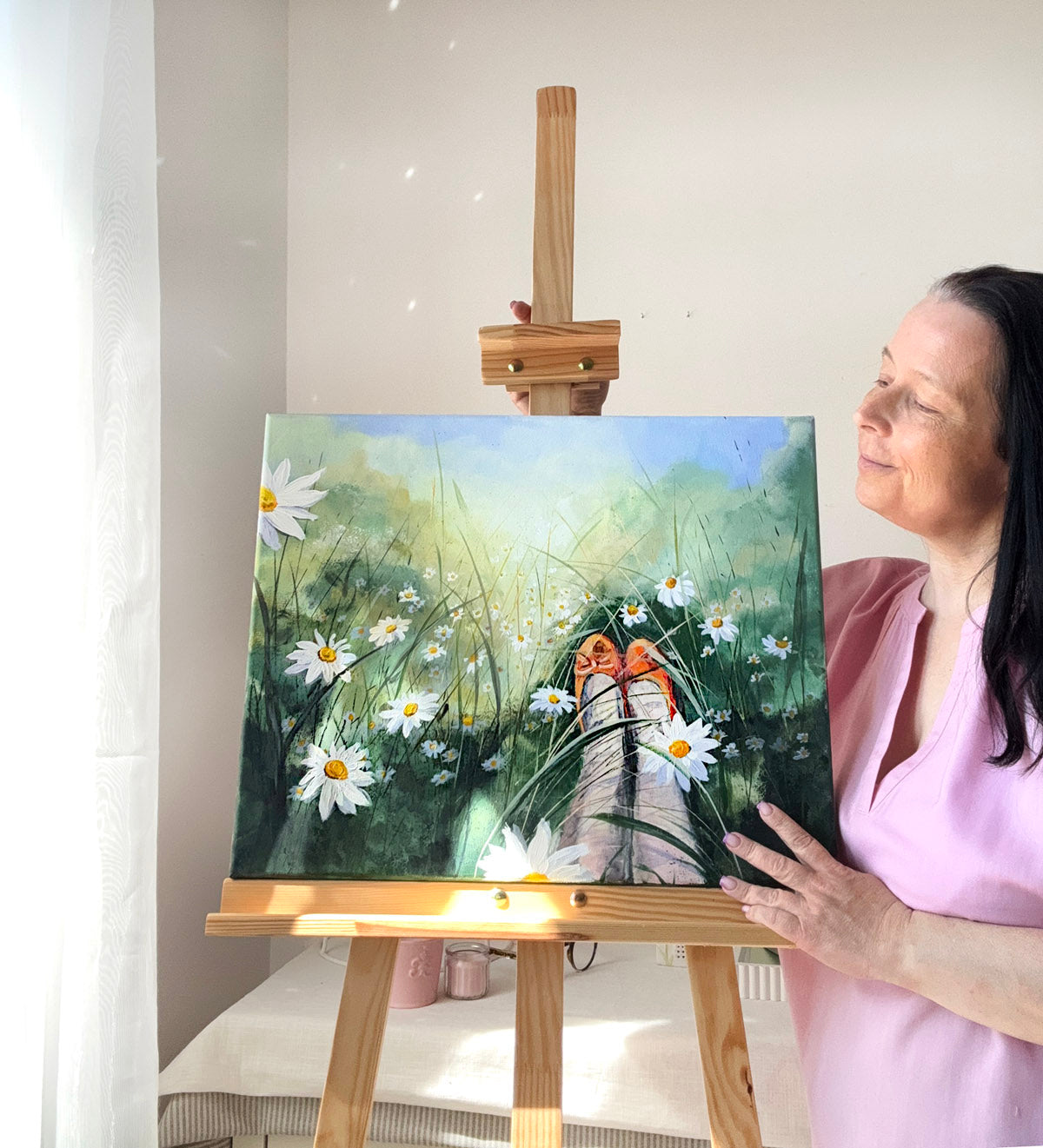 Summer painting with daisies and ballet shoes