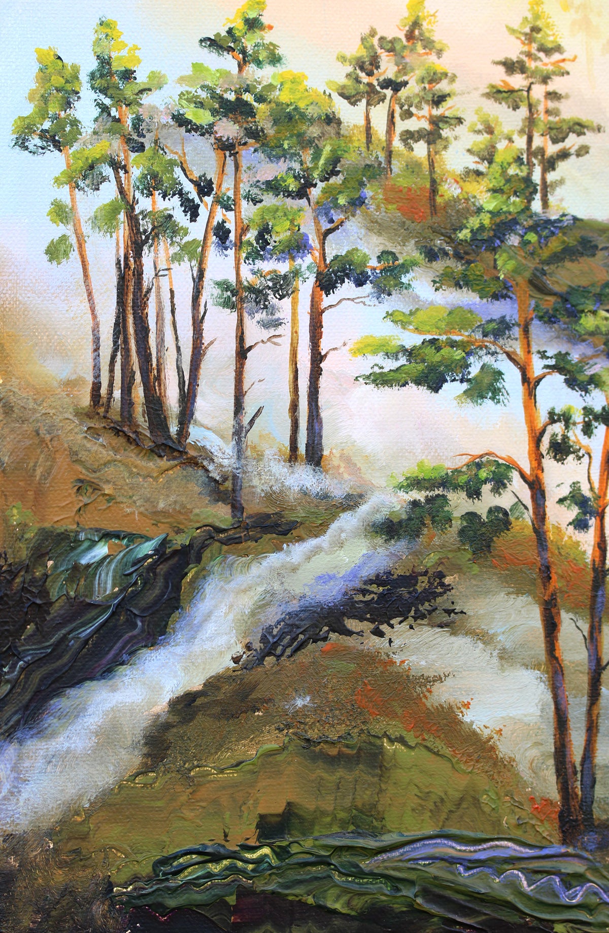 An impressionistic oil painting of a forest landscape with tall trees, a waterfall cascading down a rocky slope, and a pale sky. The brushstrokes are visible throughout, with dominant colors of green, brown, white, and blue.