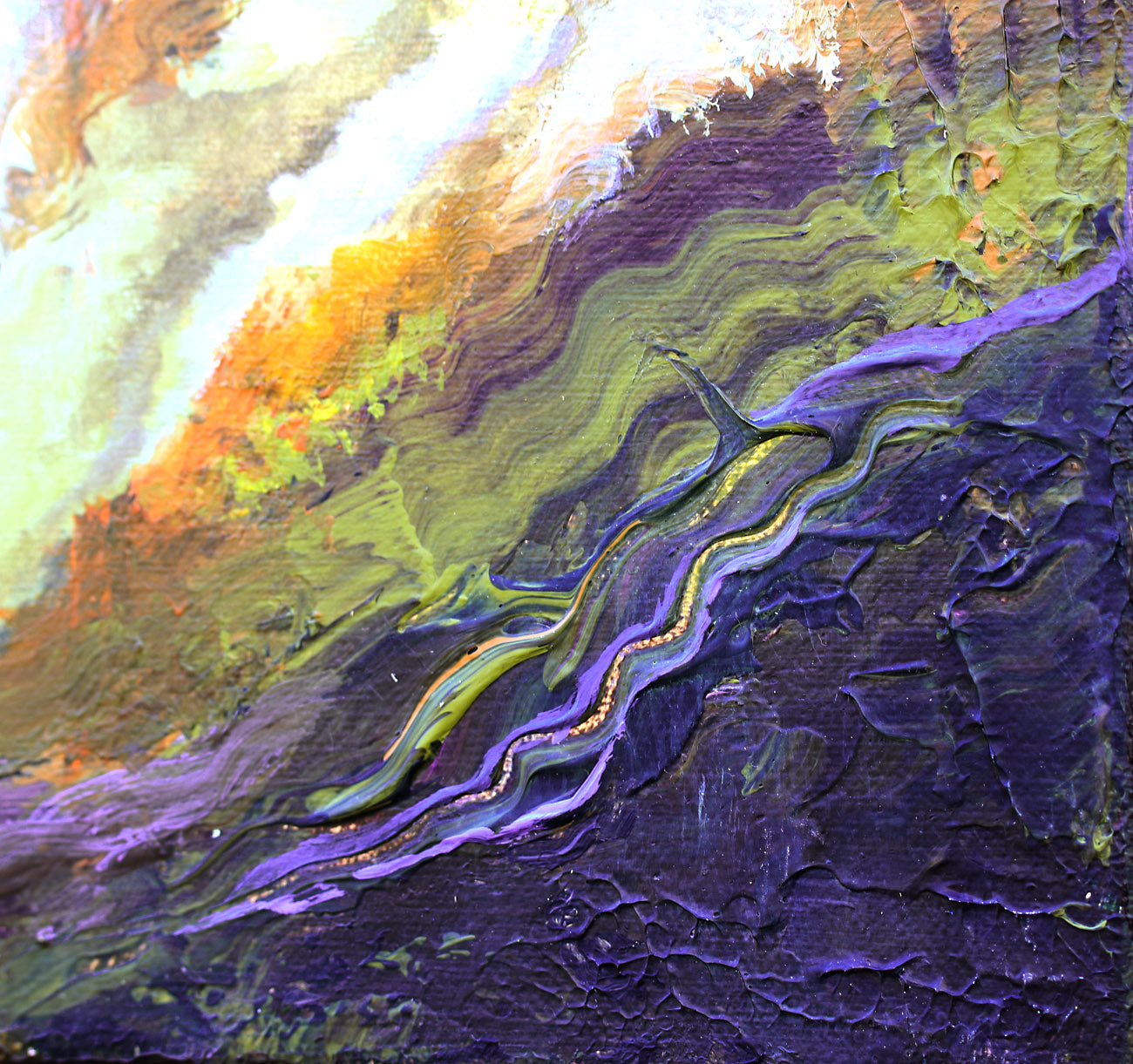 An abstract textured painting featuring a dramatic diagonal composition with deep purple, olive green, and gold brushstrokes, accented by white highlights.