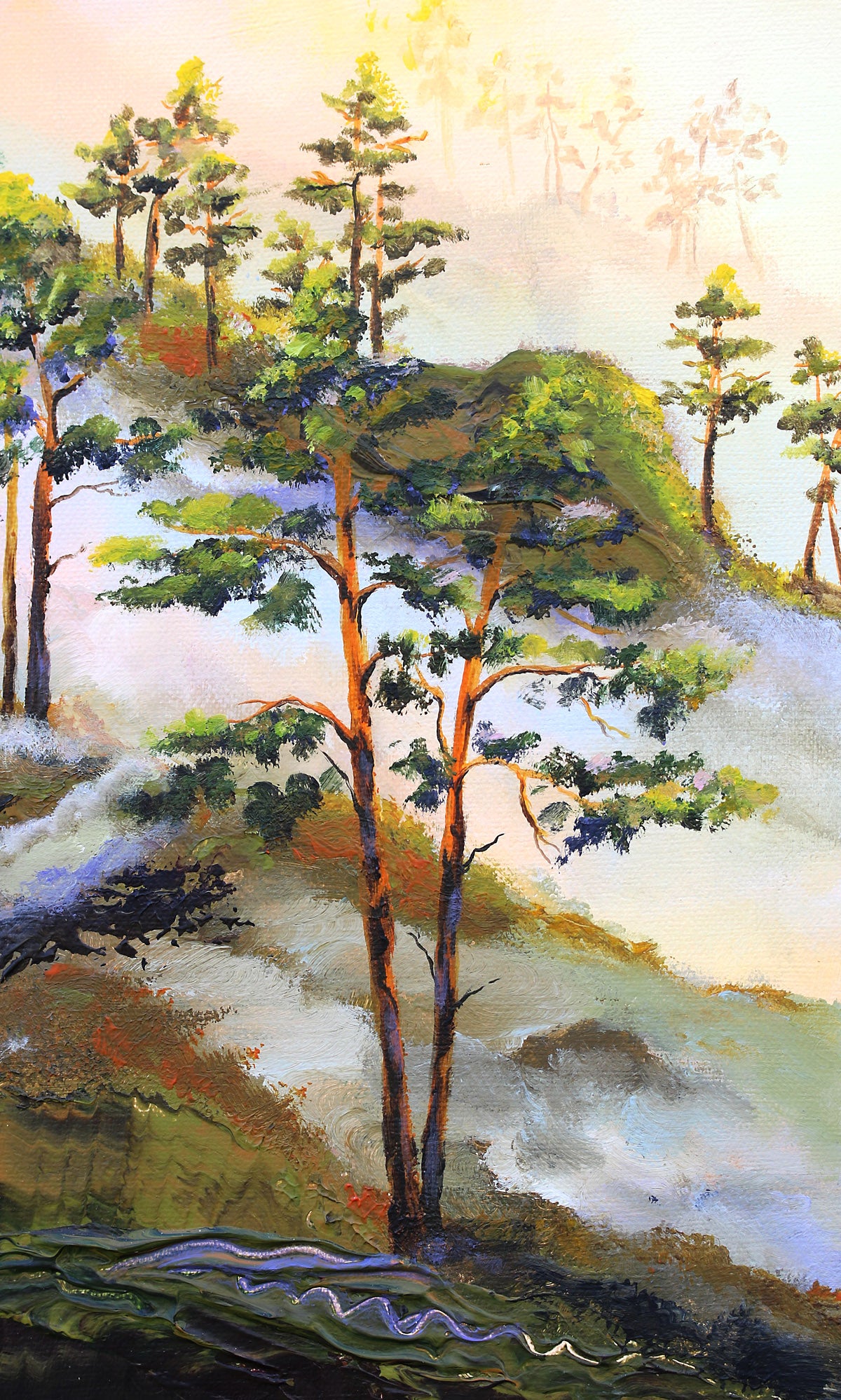 A landscape painting of pine trees on a misty hillside, rendered in expressive brushstrokes with greens, browns, blues, and soft cream tones.