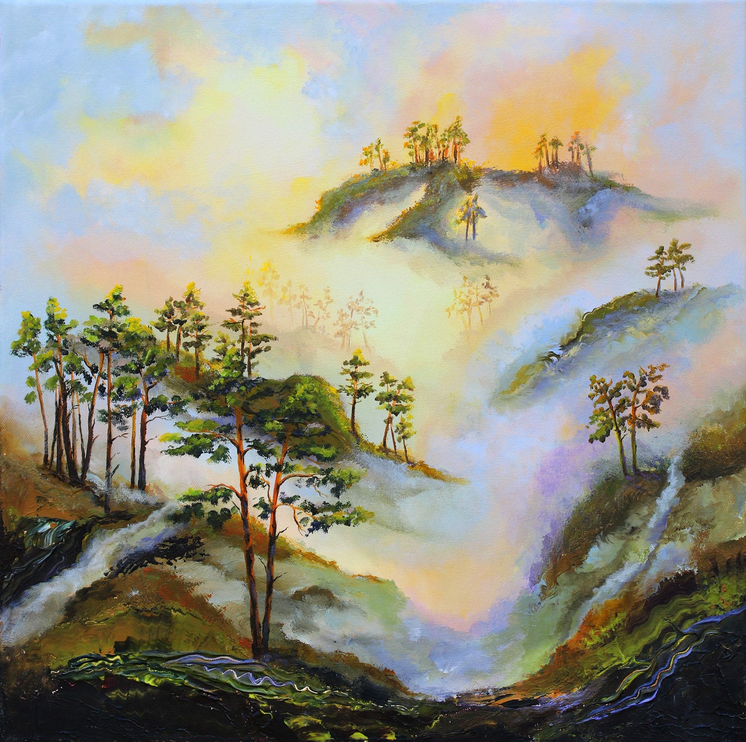 A colorful landscape painting depicting misty hills, pine trees, and a glowing sky with soft yellow, blue, green, and purple tones.