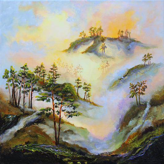 A colorful landscape painting depicting misty hills, pine trees, and a glowing sky with soft yellow, blue, green, and purple tones.