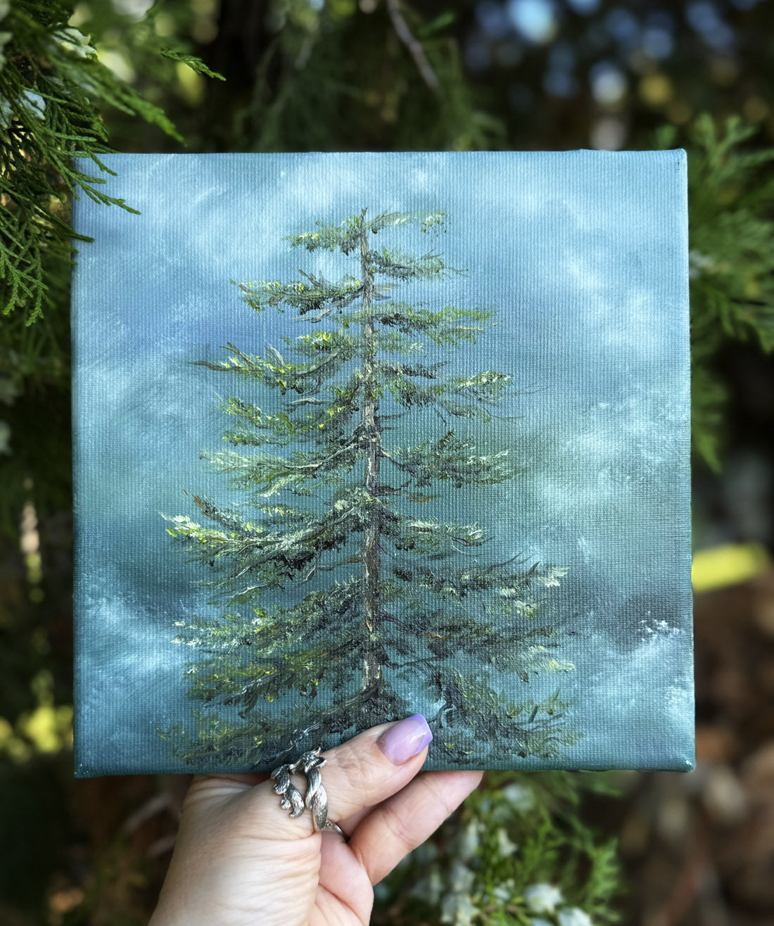Solitaire pine tree oil painting