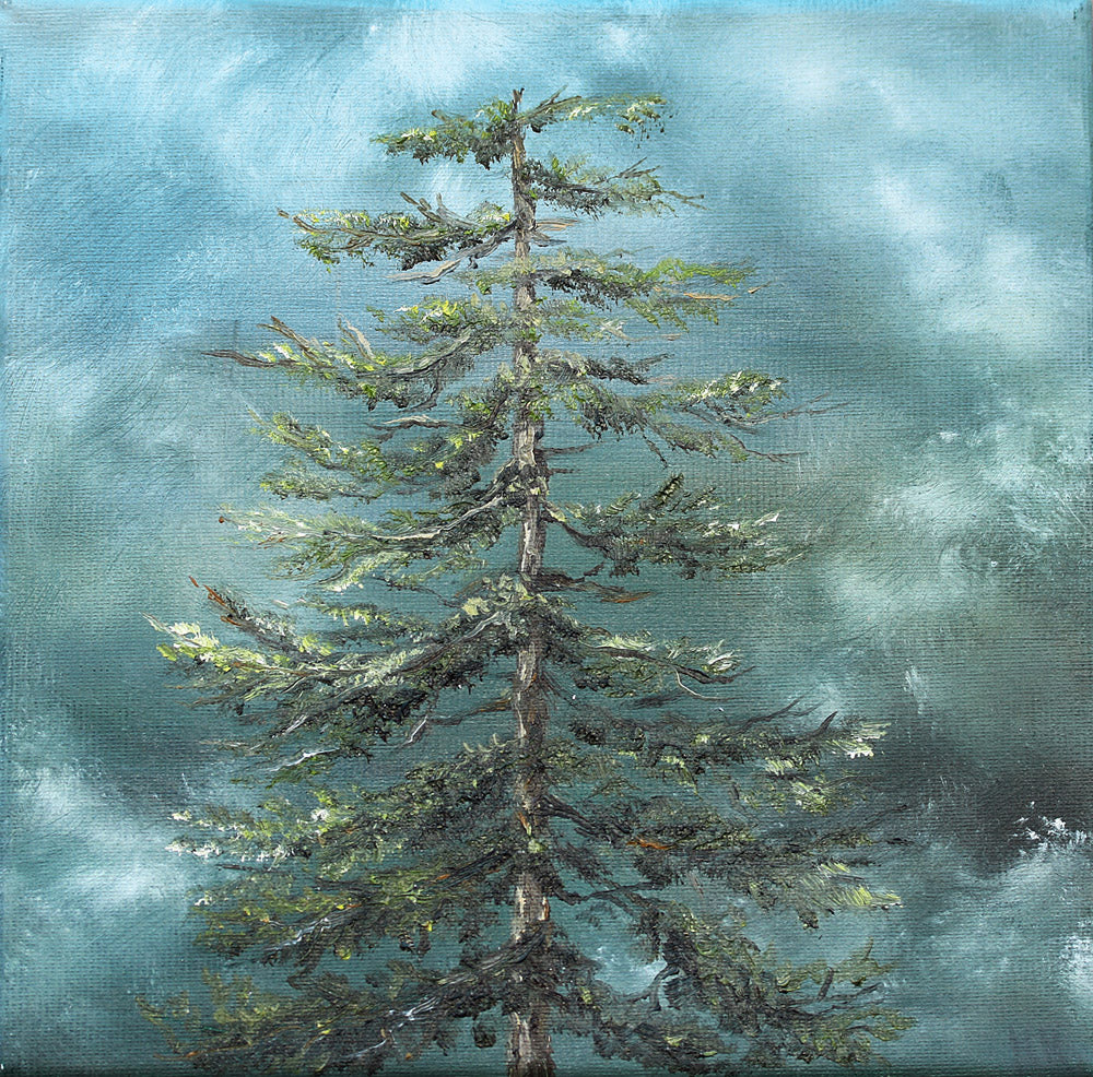 Painting of a tall pine tree against a blue sky with clouds