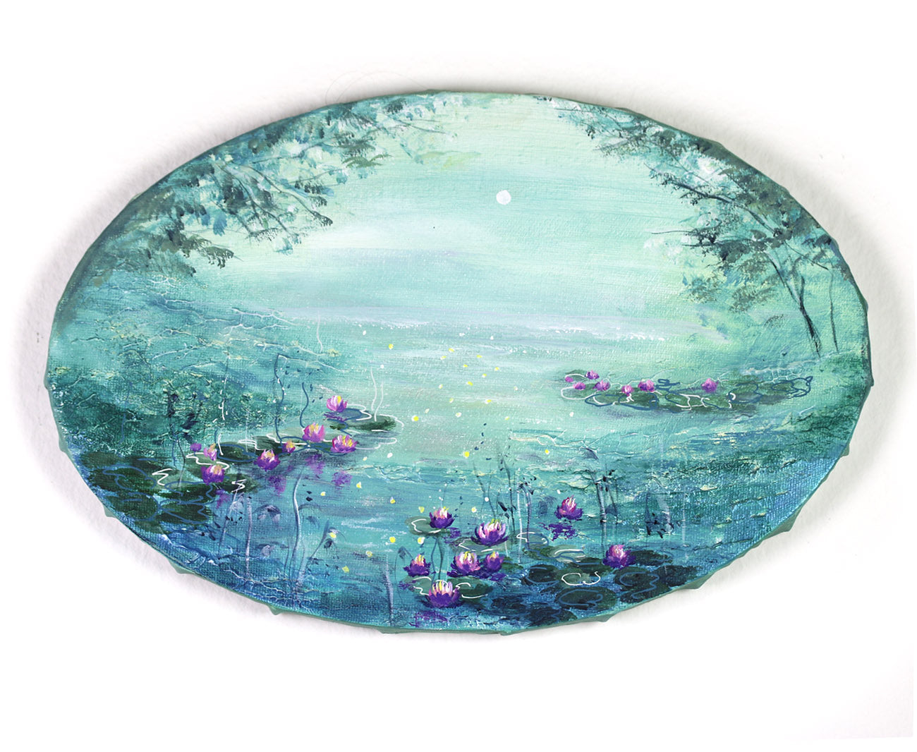Oval painting of a serene pond with lilies
