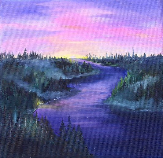 A landscape oil painting of a winding river or lake at sunset, with a purple and pink sky, dark evergreen trees, and misty hills along the banks.
