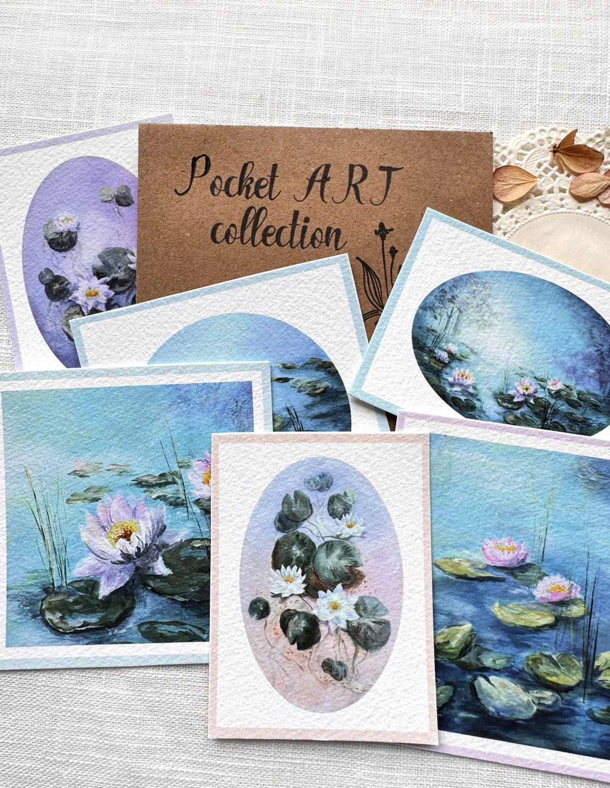 Pocket art mini prints of waterlily ponds collectors set