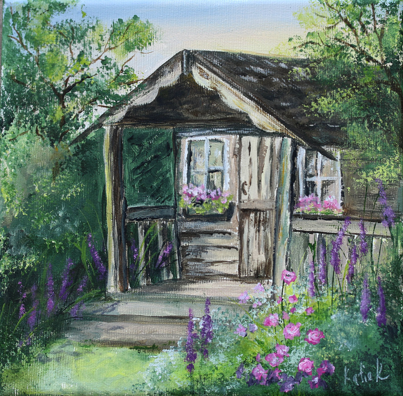 Original acrylic painting of rustic summer cottage porch with flowers