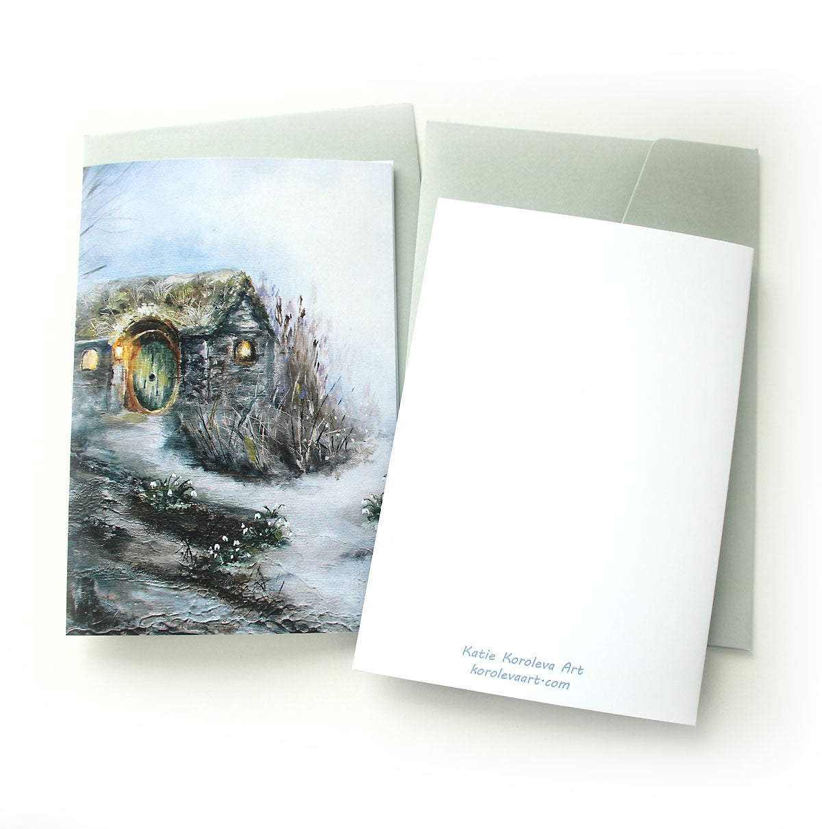 Dark forest greeting cards with hobbit cottage and deer illustrations