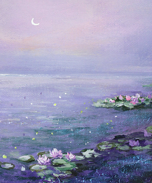 Painting of a moonlit water scene with lily pads and flowers.