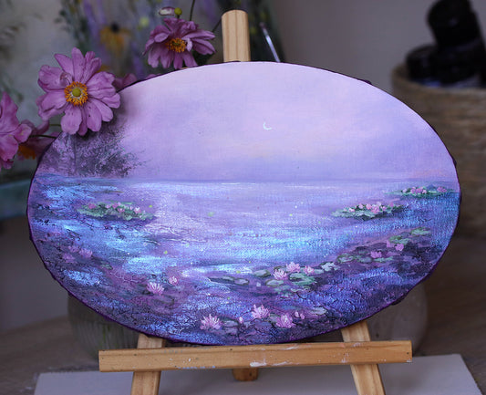 Purple lily pond painting under the moon. 